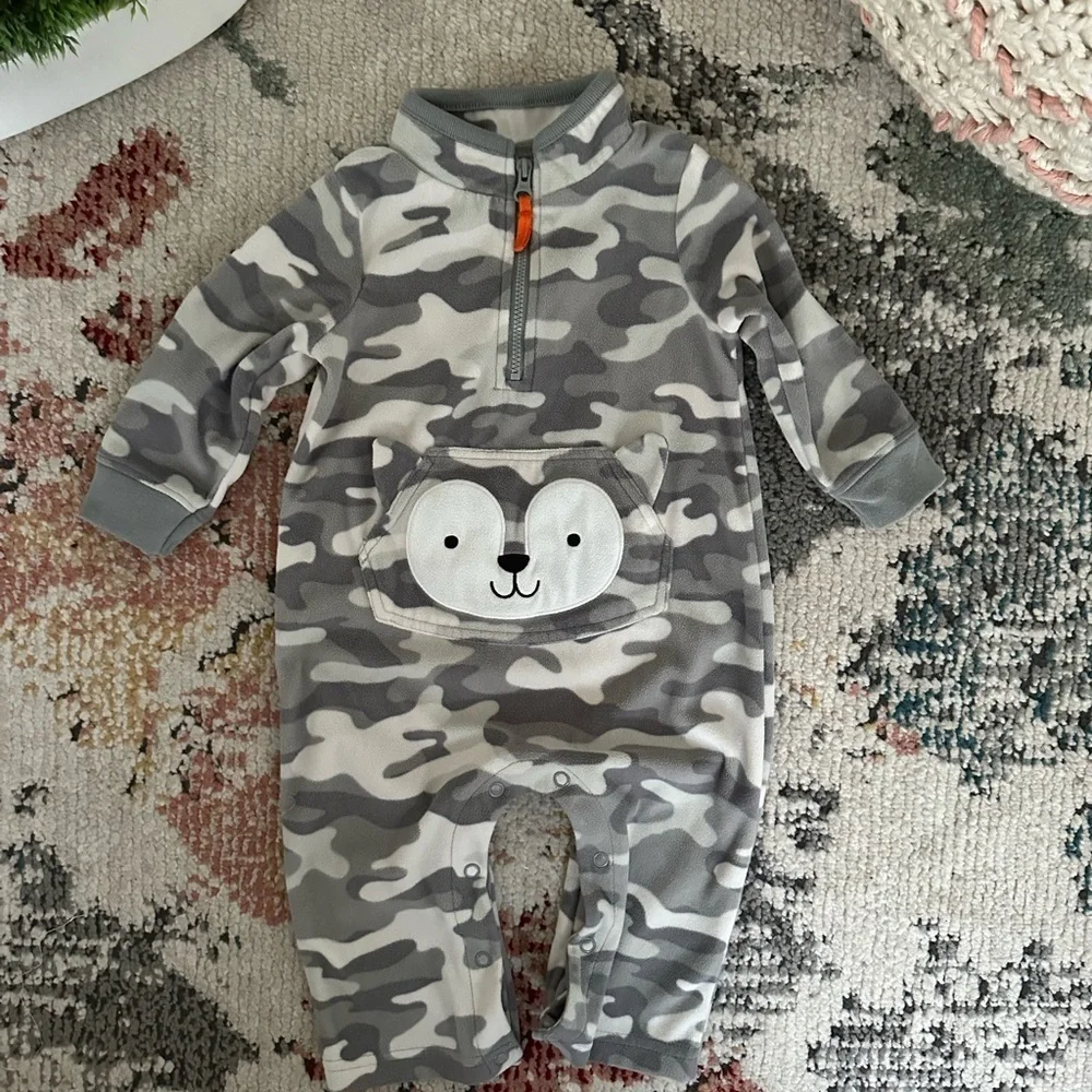 Carter’s Camouflage Fleece 1/4 Zip Jumpsuit One Piece Animal Pocket 3D Ears